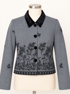 Vintage Bedford Fair Gray Black Floral Velvet Jacket Size 14
